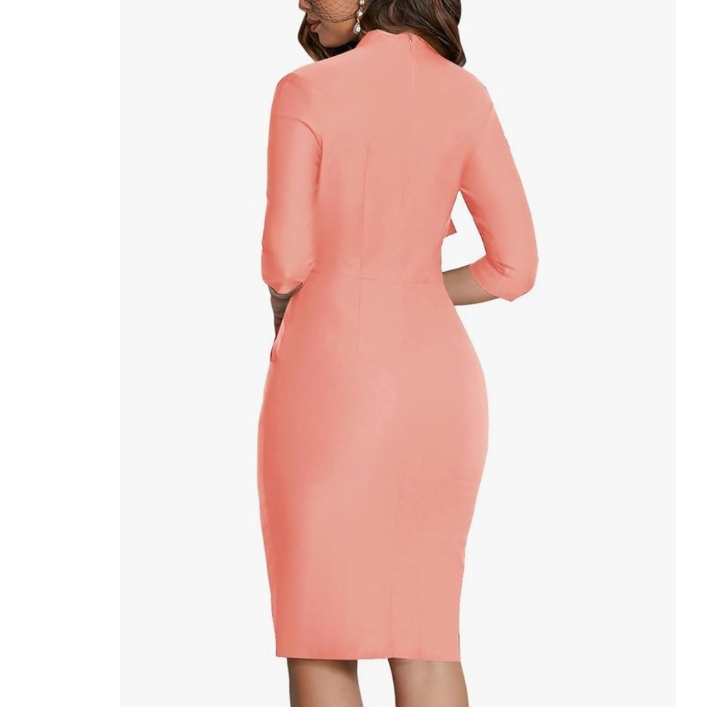 MUXN Women's Midi Pencil Dress 3/4 Sleeve Tie Neck Bodycon Office Cocktail - Picture 2 of 10